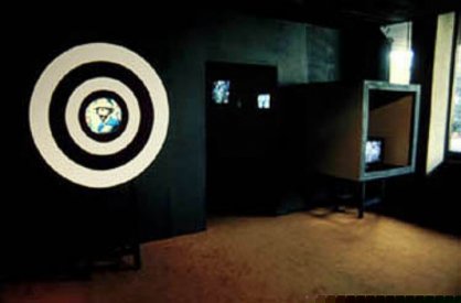 Installation shot of A House Divided at Ars Electronica, Bruckner Haus Linz, Austria, 1988.